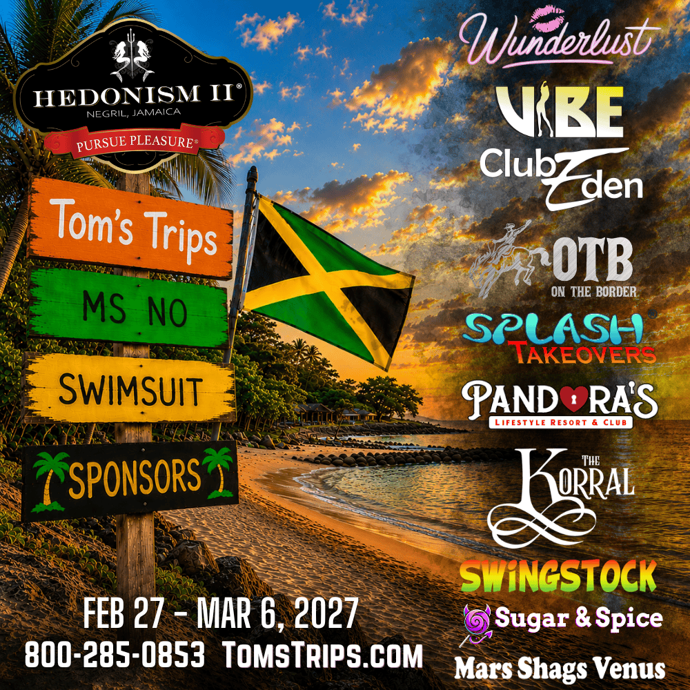 Official Ms No Swimsuit 2027 sponsors supporting the Tom's Trips event at Hedonism II Jamaica